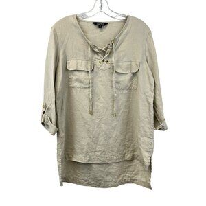 Ellen Tracy Company Hi Low 3/4 Roll Tab Sleeve Top Lace Up Neck Beige Size Small